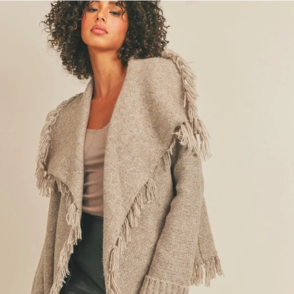 Sage the Label Eternal Fringed Cardi Sweater Taupe Size Medium NWOT